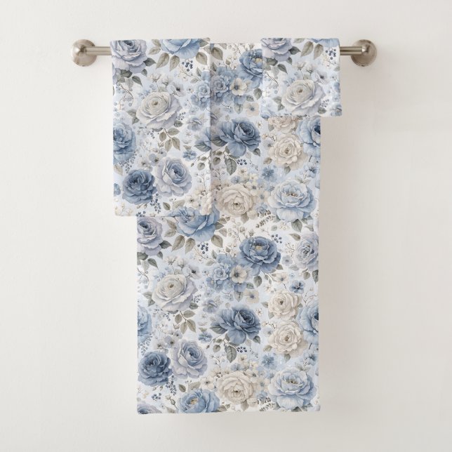 Pretty Blue Rose Floral Watercolor  Bath Towel Set (Insitu)