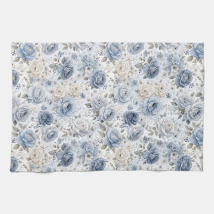 Pretty Blue Rose Floral Watercolor Kitchen Towel