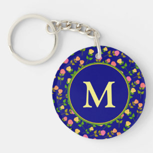 Pretty Blue Rose Pattern Monogram Keychain