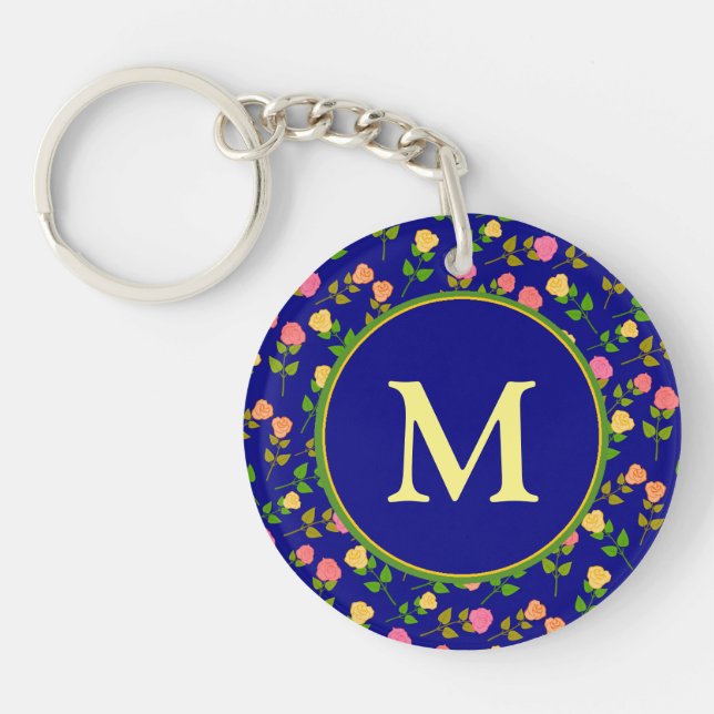 Pretty Blue Rose Pattern Monogram Keychain (Front)