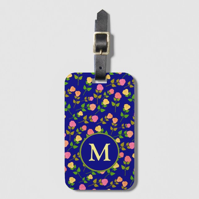 Pretty Blue Rose Pattern Monogram Luggage Tag (Front Vertical)