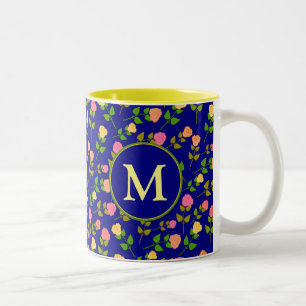 Pretty Blue Rose Pattern Monogram Two-Tone Coffee Mug