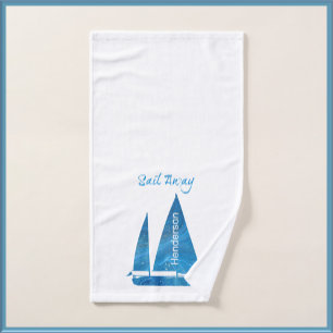 Pretty Blue Sailboat Nautical Abstract Design Bath Towel Set