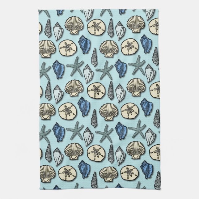 Pretty Blue Shell Starfish Sea Pattern Kitchen Towel (Vertical)