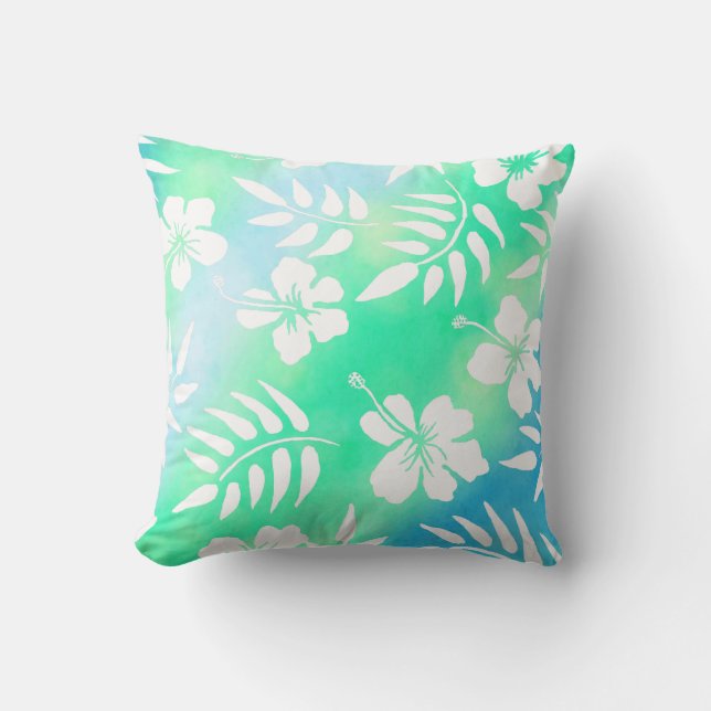 Pretty Blue, Teal and White Aloha Hawaiian Style Throw Pillow (Front)