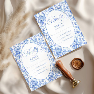 Pretty Blue Toile Roses Custom Wedding RSVP Card