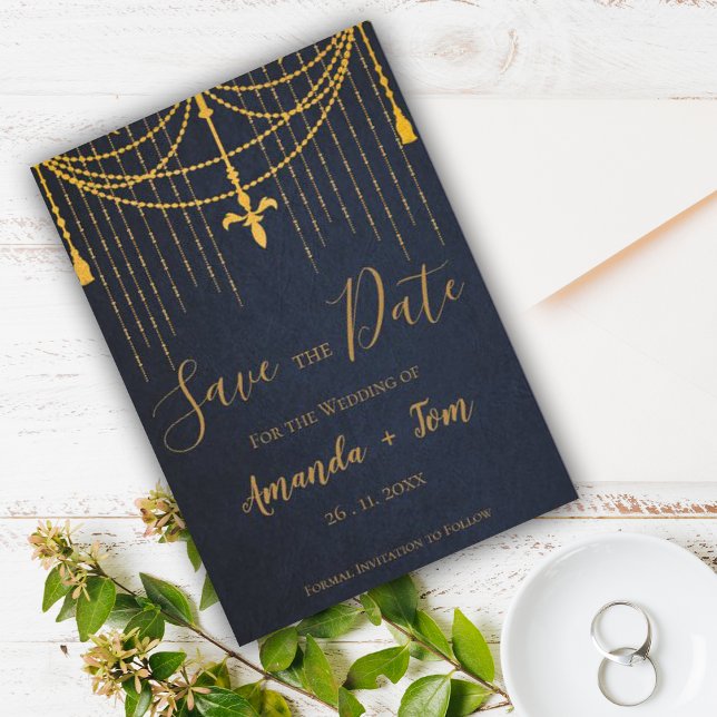 Pretty Blue Traditional Gold Twirls Luxury Wedding Magnetic Invitation (Creator Uploaded)