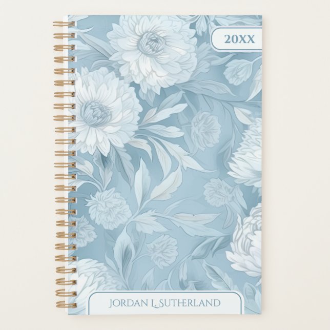 Pretty Blue Watercolor Floral Personalized Logo Planner (Front)