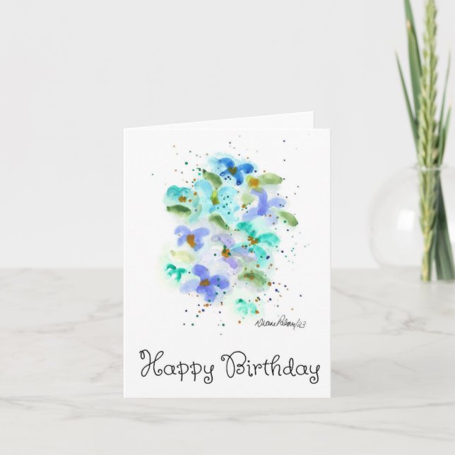 Pretty Blue Watercolor Flowers Birthday Card (Front)