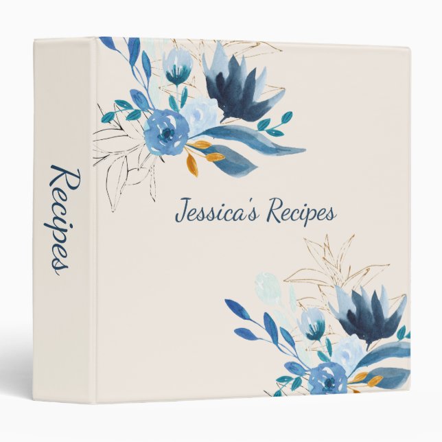 Pretty Blue Watercolor Flowers Personalized Recipe Binder (Front/Spine)