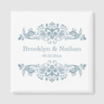 Pretty Blue Wedding Favour Magnet<br><div class="desc">Classic flourish/swirls frame graphic.  Your names/special occasion date (e.g.,  wedding ceremony date) can be easily personalized with your choice of Zazzle fonts (e.g.,  modern hand lettered script). If you need assistance with placement or customization,  please use the "Contact This Designer" link on the right hand side of this page</div>