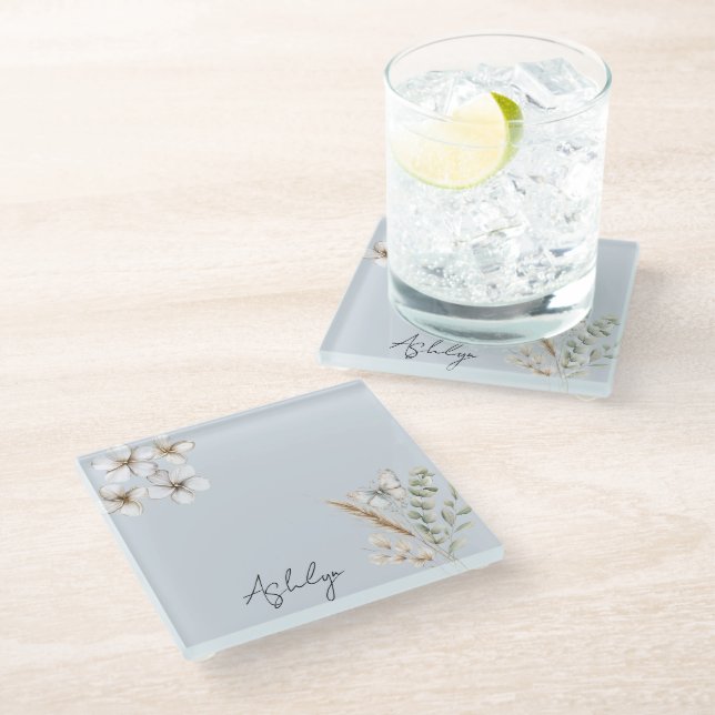 Pretty Blue White Butterfly Floral  Glass Coaster (Angled)