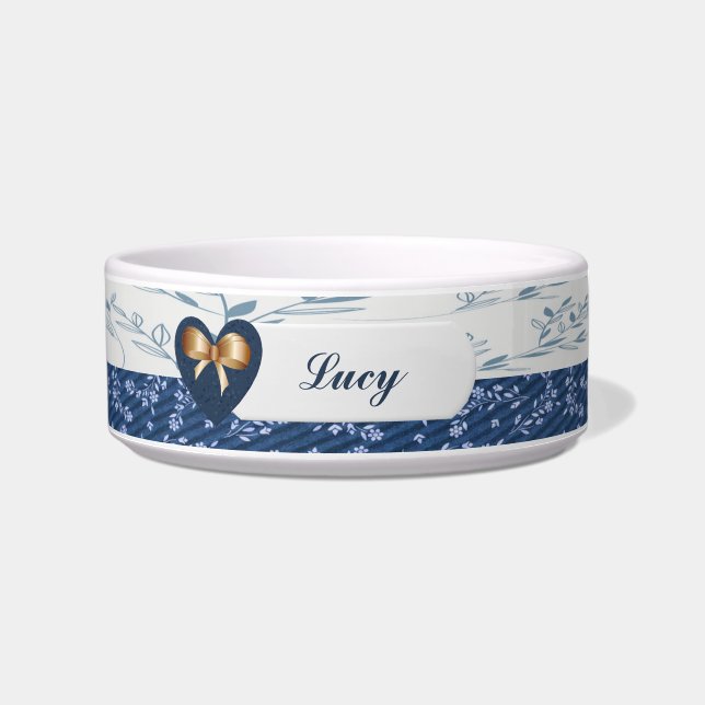 Pretty Blue/White Dog Bowl w/Heart & Bow (Front)