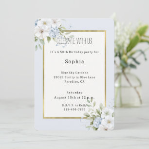 Pretty Blue White Floral Birthday Invitation