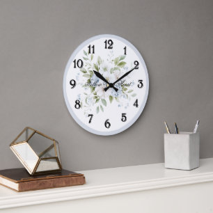 Pretty Blue White Floral Large Clock