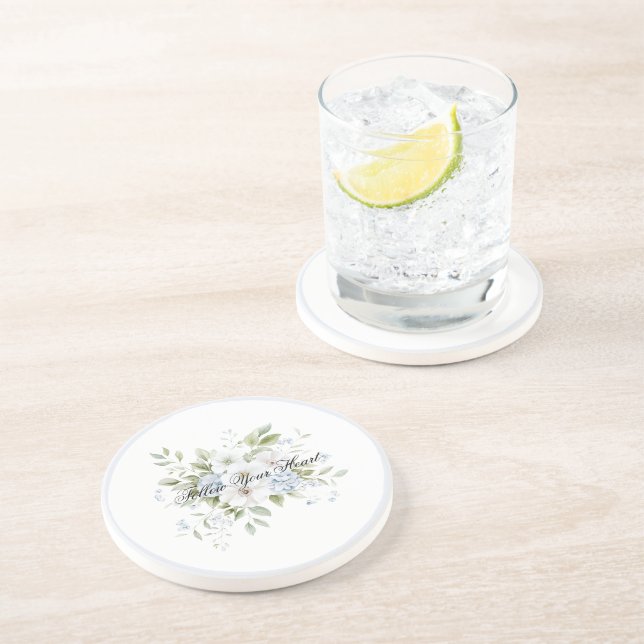 Pretty Blue White Floral Quote Coaster (Side)
