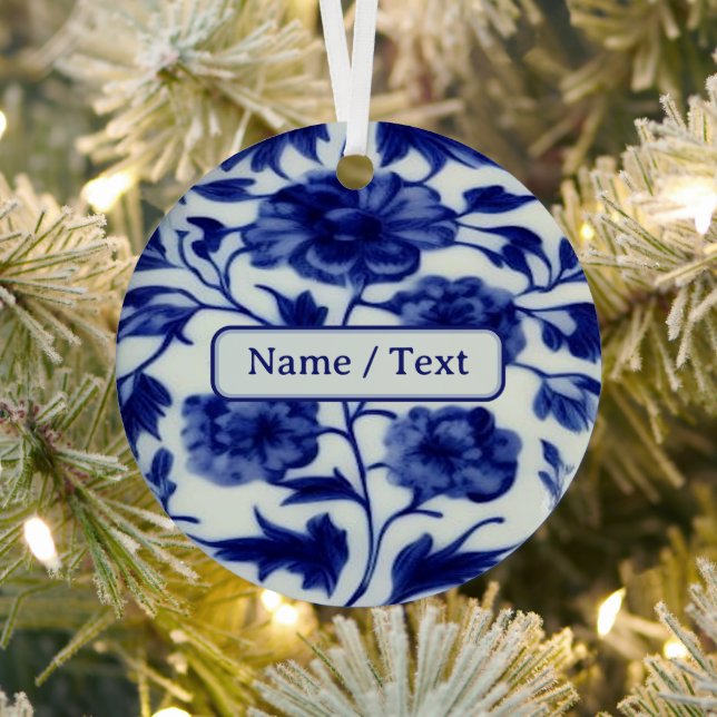 Pretty Blue & White Flower Painting - Custom Text  Metal Ornament (Insitu)