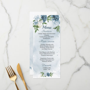 pretty blue white flowers greenery wedding menu