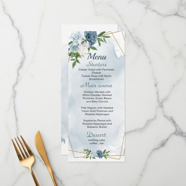 pretty blue white flowers greenery wedding menu (Front/Back In Situ)