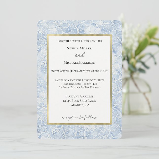Pretty Blue White Flowers Wedding Invitation (Standing Front)