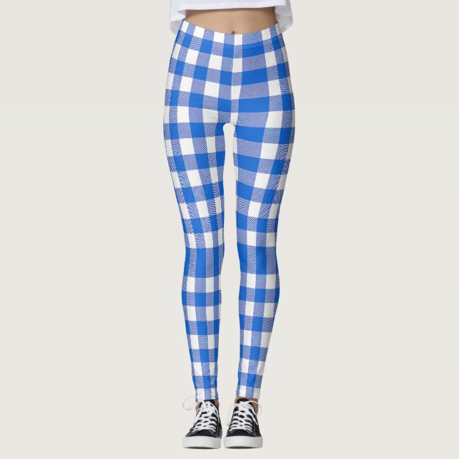 Pretty Blue White Gingham Design Leggings (Front)