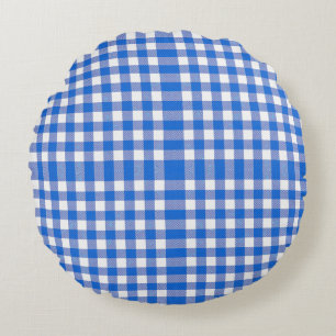 Pretty Blue White Gingham Design Round Pillow