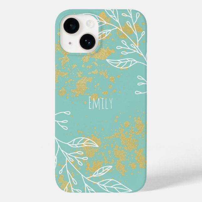 Pretty Blue White Gold Foil Personalized Floral Case-Mate iPhone Case (Back)