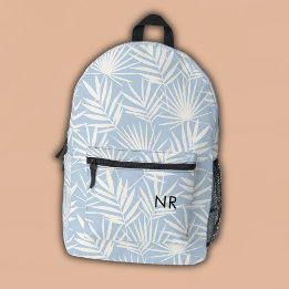 Pretty Blue & White Leaf Pattern Monogram Initials Printed Backpack