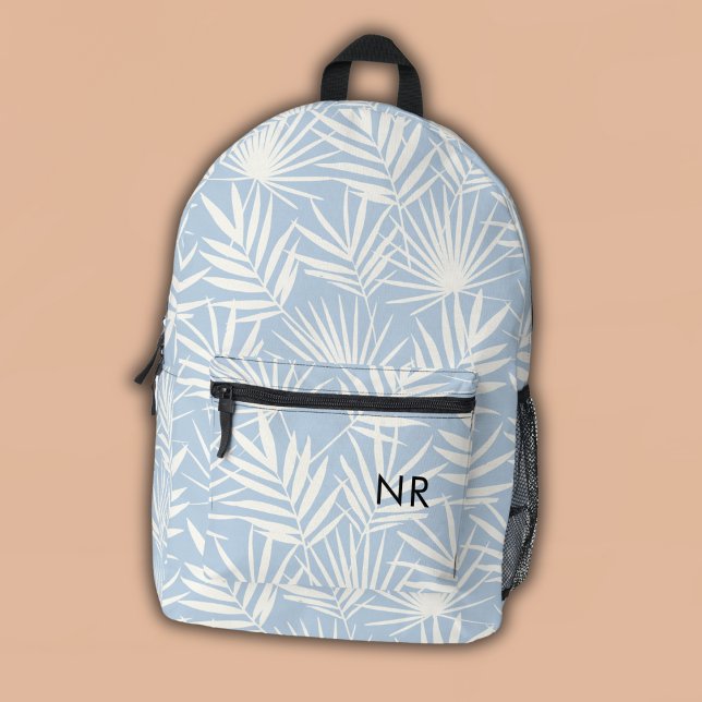 Pretty Blue & White Leaf Pattern Monogram Initials Printed Backpack (Creator Uploaded)
