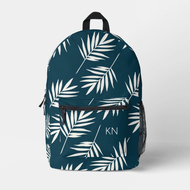 Pretty Blue White Leave Pattern Monogram Initials Printed Backpack (Front)