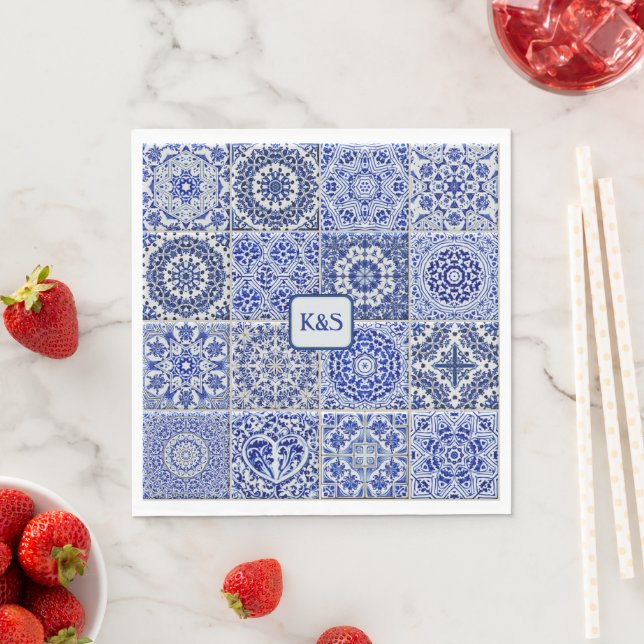 Pretty Blue & White Painted Tiles with Initials Napkin (Insitu)