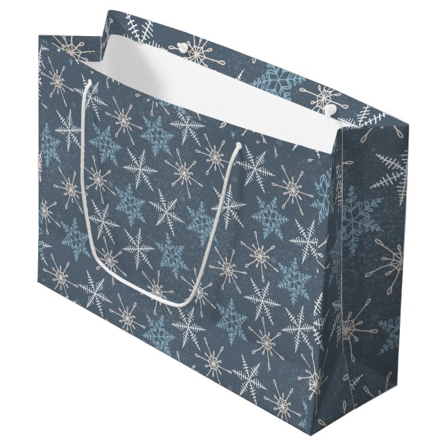 Pretty Blue White Snowflake Pattern Christmas Large Gift Bag (Front Angled)
