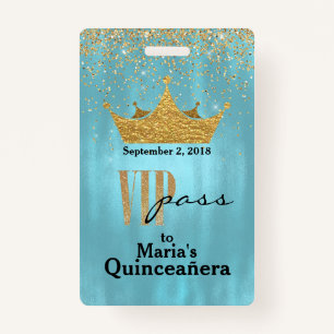Pretty Blue with Gold Crown Quinceañera VIP Badge