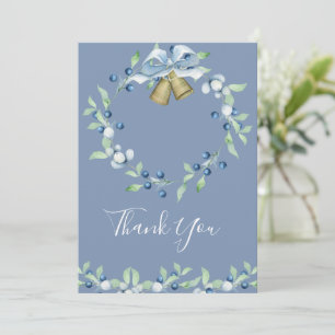 Pretty Blue Wreath Floral Elegant Script Wedding Thank You Card