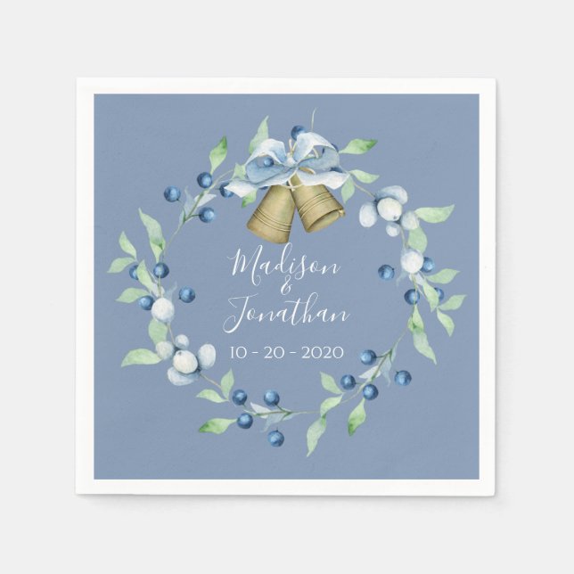 Pretty Blue Wreath Script Elegant Custom Wedding Napkin (Front)