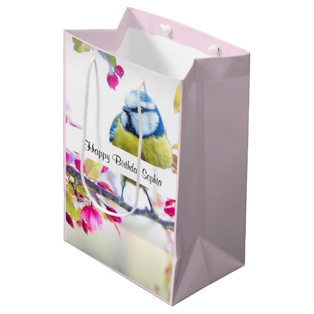 Pretty Blue & Yellow Bird on a Branch Birthday Medium Gift Bag (Front Angled)