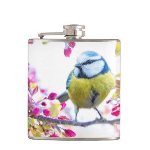 Pretty Blue & Yellow Bird on a Branch Photograph Hip Flask