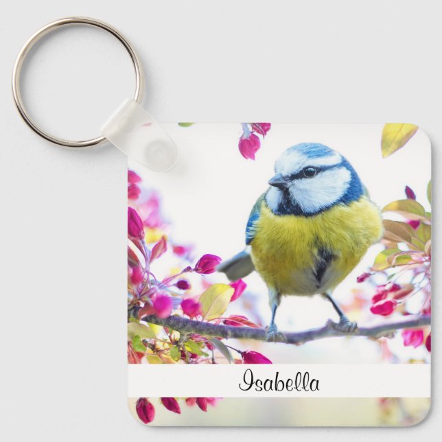 Pretty Blue & Yellow Bird on a Branch Photograph Keychain (Front)