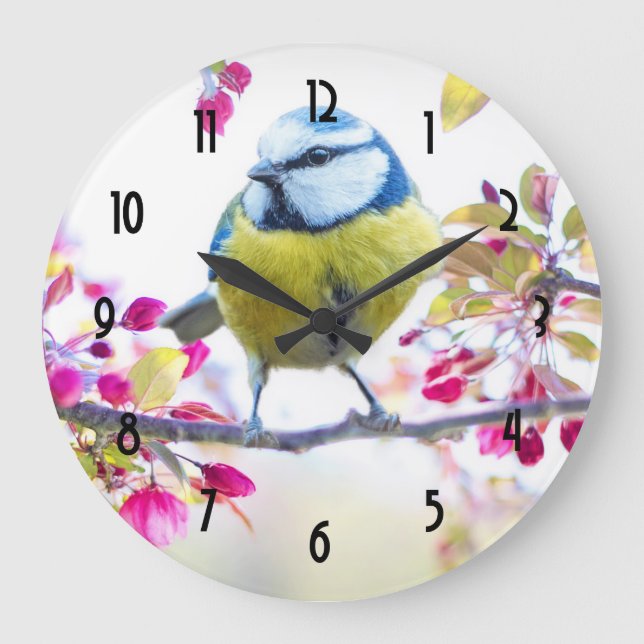 Pretty Blue & Yellow Bird on a Branch Photograph Large Clock (Front)