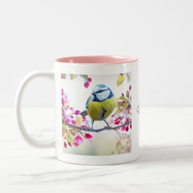 Pretty Blue & Yellow Bird on a Branch Photograph Two-Tone Coffee Mug (Left)