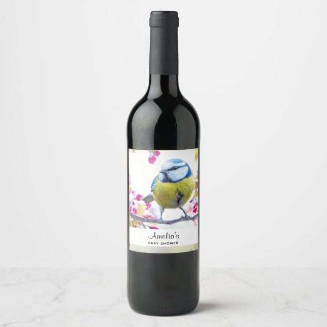 Pretty Blue & Yellow Bird on a Branch Photograph Wine Label (Front)
