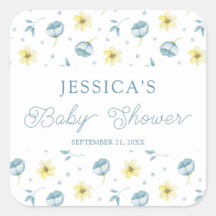 Pretty Blue Yellow Floral Baby Shower Favour Square Sticker