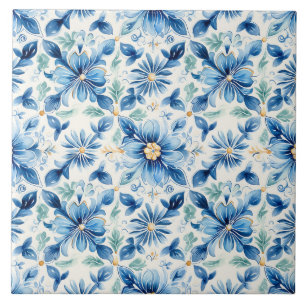 Pretty Blue & Yellow Floral Mediterrean Tile