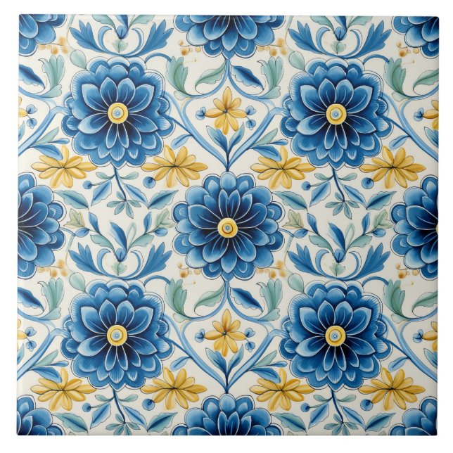 Pretty Blue & Yellow Floral Vintage Tile (Front)