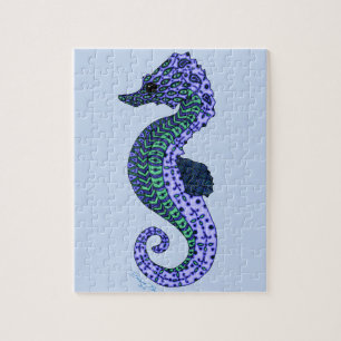 Pretty Blue Zen Tangle Seahorse Aqua Ocean Art Jigsaw Puzzle