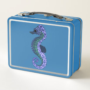 Pretty Blue Zen Tangle Seahorse Aqua Ocean Art Metal Lunch Box