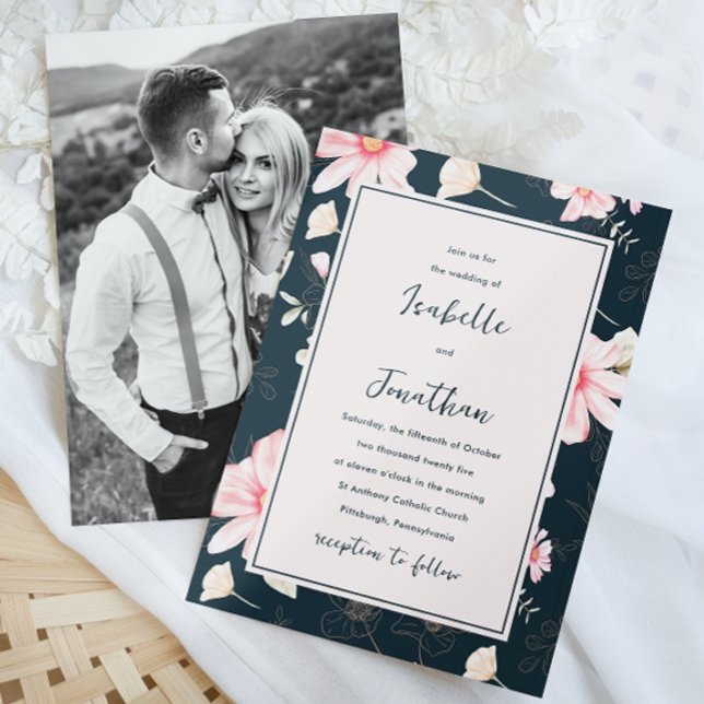 Pretty Blush Blue Floral Pattern Photo Wedding Invitation (This pretty blue wedding invitation features whimsical pink flowers and pretty script with one photo)