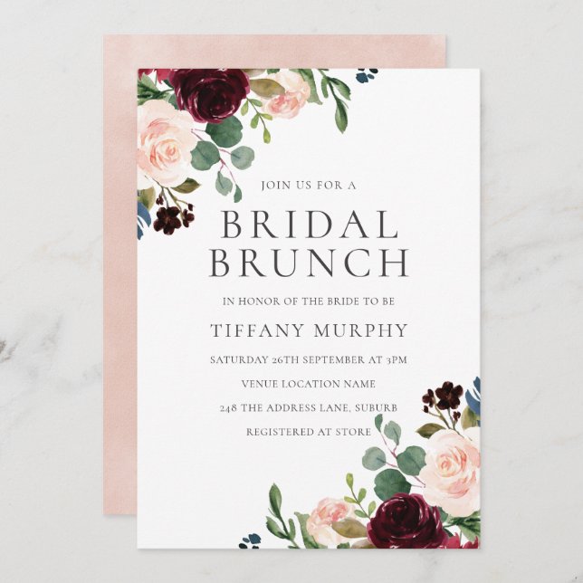 Pretty Blush Burgundy Floral Bridal Shower Brunch Invitation (Front/Back)