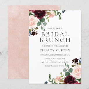 Pretty Blush Burgundy Floral Bridal Shower Brunch Invitation