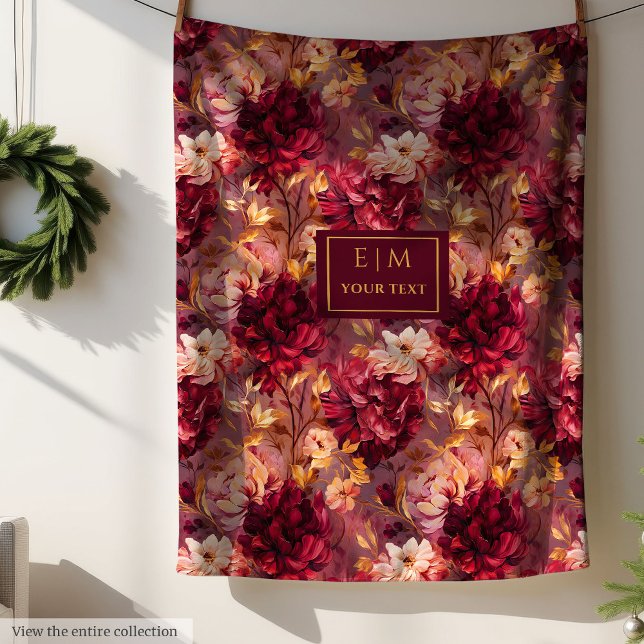 Pretty Blush Burgundy Gold Watercolor Floral  Fleece Blanket (Pretty Blush Burgundy Gold Watercolor Floral Fleece Blanket)